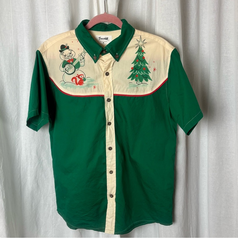 Boozelele Christmas Banjo Playing Snowman And Christmas Tree 100% Cotton Shirt M